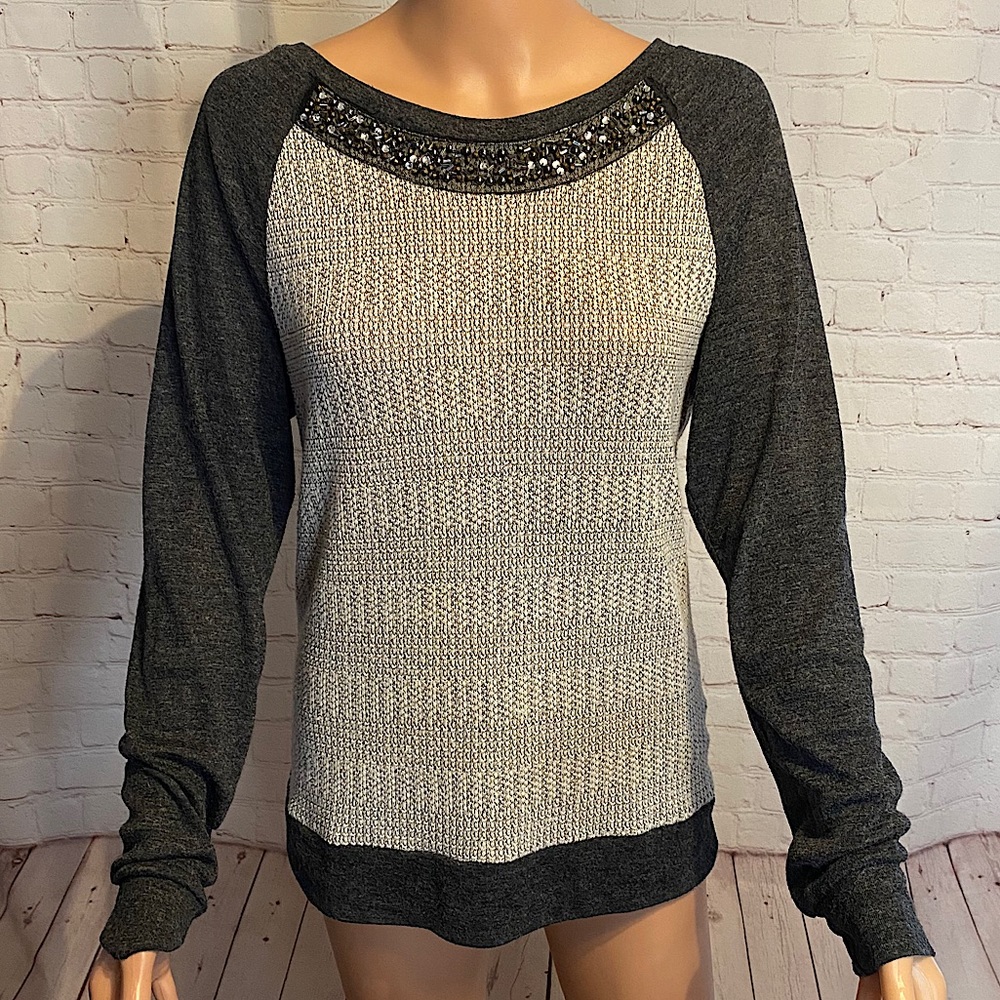 Alya light & dark gray beaded knit sweater size medium boho